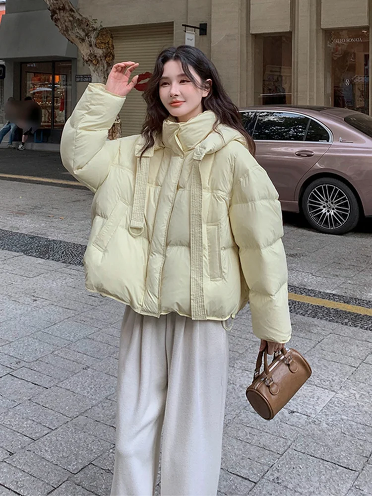 니트 여성용 패딩 재킷 브레드 슬레 겨울 따뜻한 아우터웨어 패션 디자인 캐주얼 루즈핏 화이트 다운 필