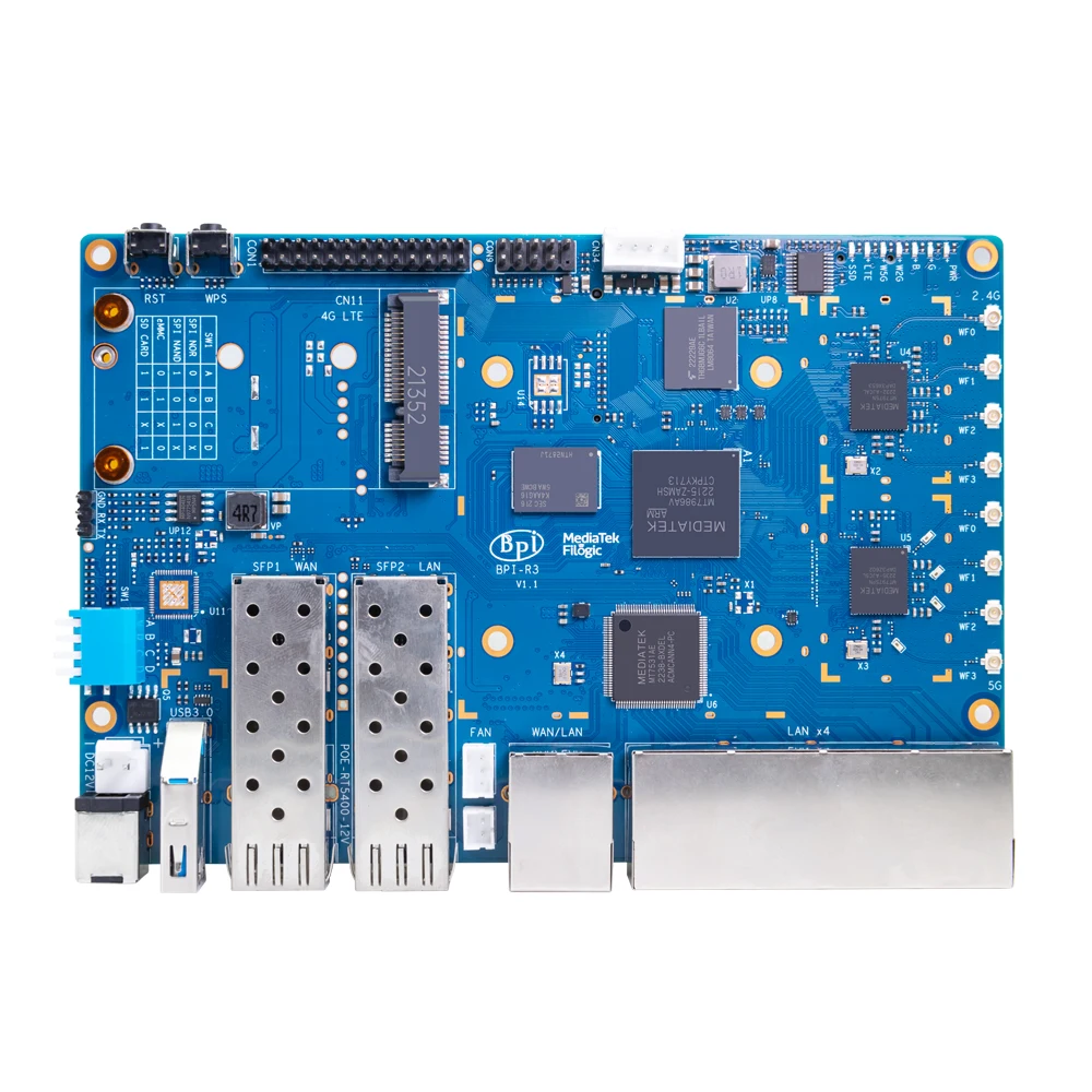 Imagem -02 - Banana pi Smart Router Board Grupo Bpi-r3 Mediatek Mt7986 2g Ram Ddr4 8g Emmc Flash 5g Porta de Rede Sfp 2.5gbps Openwrt Linux