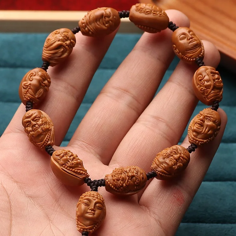 Hand Carved Olive-Stone Carving Iron Seed Eighteen of Buddha the Ten Principal Disciples Bracelet Handheld Art