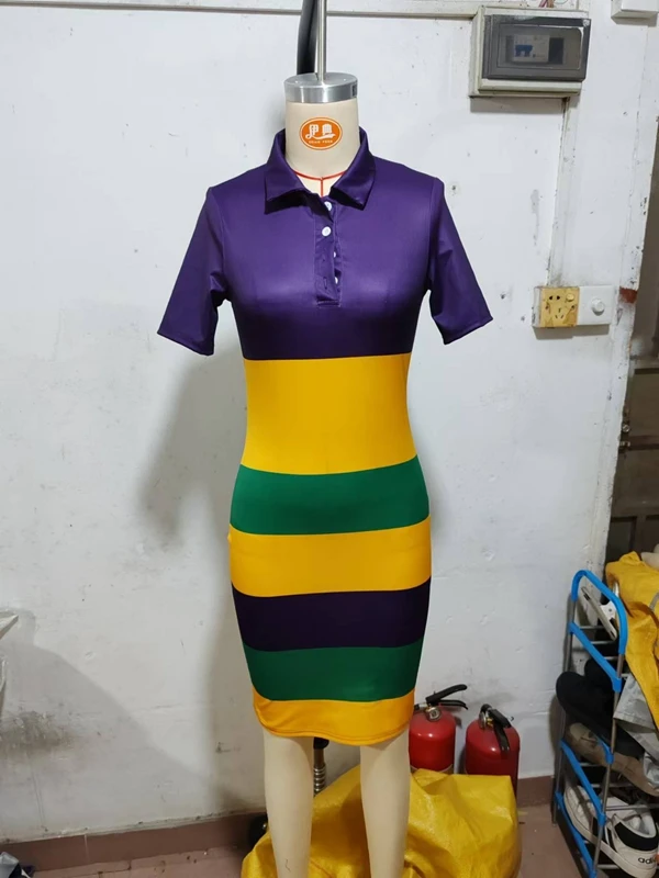 Elegante senhora contraste cor listrado vestido impresso 2025 verão feminino manga curta turn down collar bodycon casual t camisa vestido