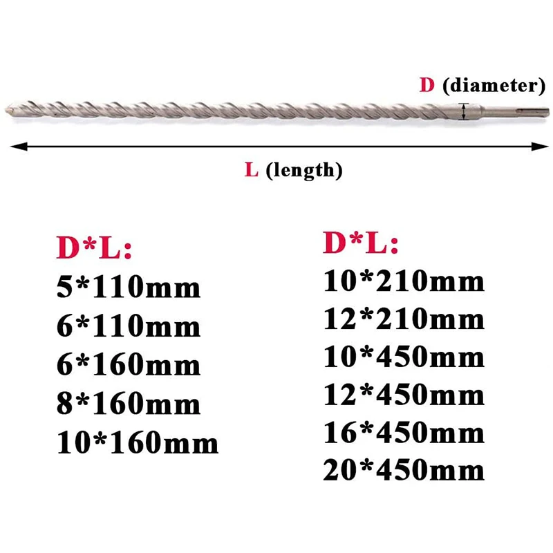 

A59Z-11Pcs Long Masonry Drill Bits Set For Rotary Hammer Drilling Concrete Brick Twist Head SDS Plus Shank