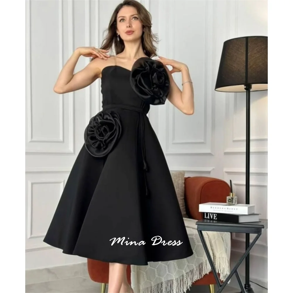 Mina Transparent Shoulder Straps Prom Dresses for Special Occasions Short Style Formal Occasion Dresses Customized Black Flowers