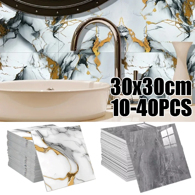10-40PCS Waterproof Marble Foam Wall Stickers Aluminum Foil Backed Self-Adhesive Tiles for Kitchen Bathroom Renovation