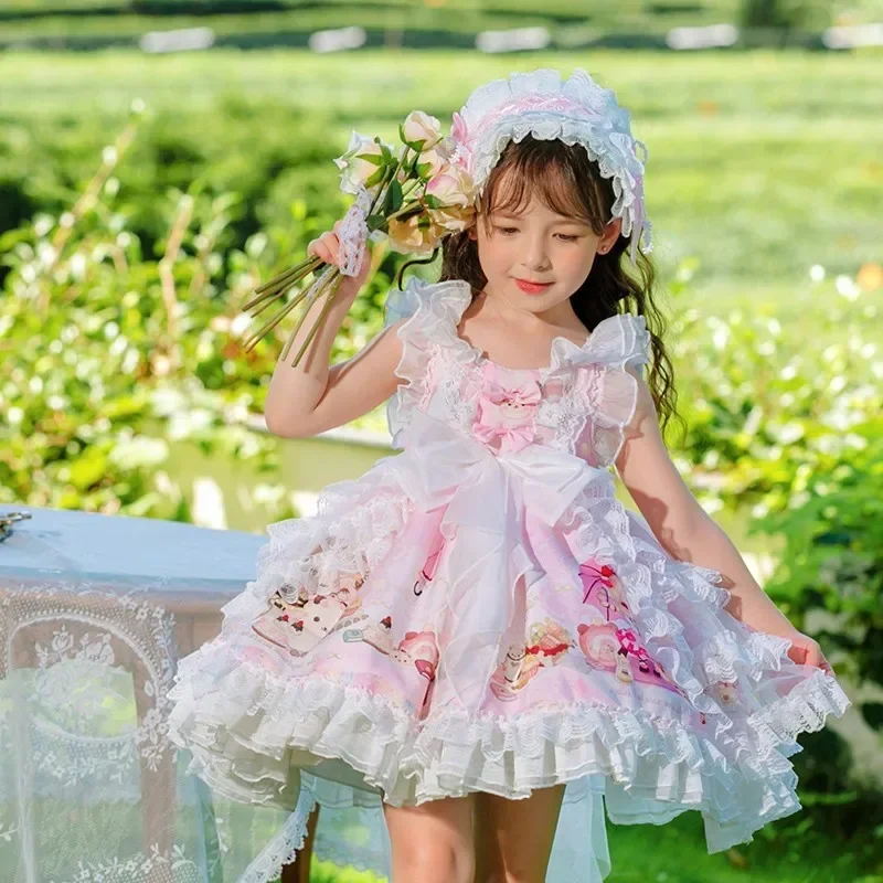 Vestido de baile de Lolita español Vintage de encaje de malla azul de manga corta para niña, vestido de princesa para fiesta de cumpleaños de Pascua Eid