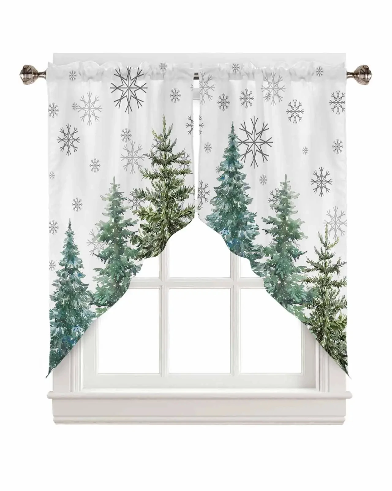 Valance Curtain Green Leaves Rod Pocket Swag Kitchen Curtain,Watercolor Botanical Living Room Bedroom Decorative Small Curtains