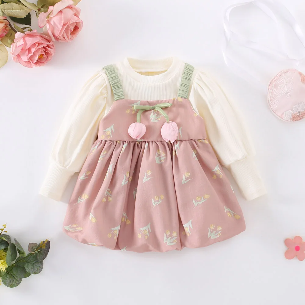 (0-3 Years Old Girls) Fall New Girls New Dress Fake Two Halter Tulip Bow Ribbon Floral Long Sleeve Round Neck