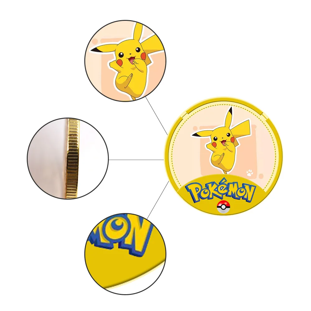 Pièces de monnaie Pokémon dorées en métal Pikachu, carte Pokémon en métal Pikachu, jeu rond, carte commémorative, carte de collection de médaillon, jouets animés