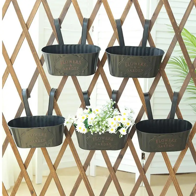 Oval Metal Hanging Flower Pots Hangable Railing Planter Countryside Window Flower Boxes For Garden Yard, Fence Plant Pots