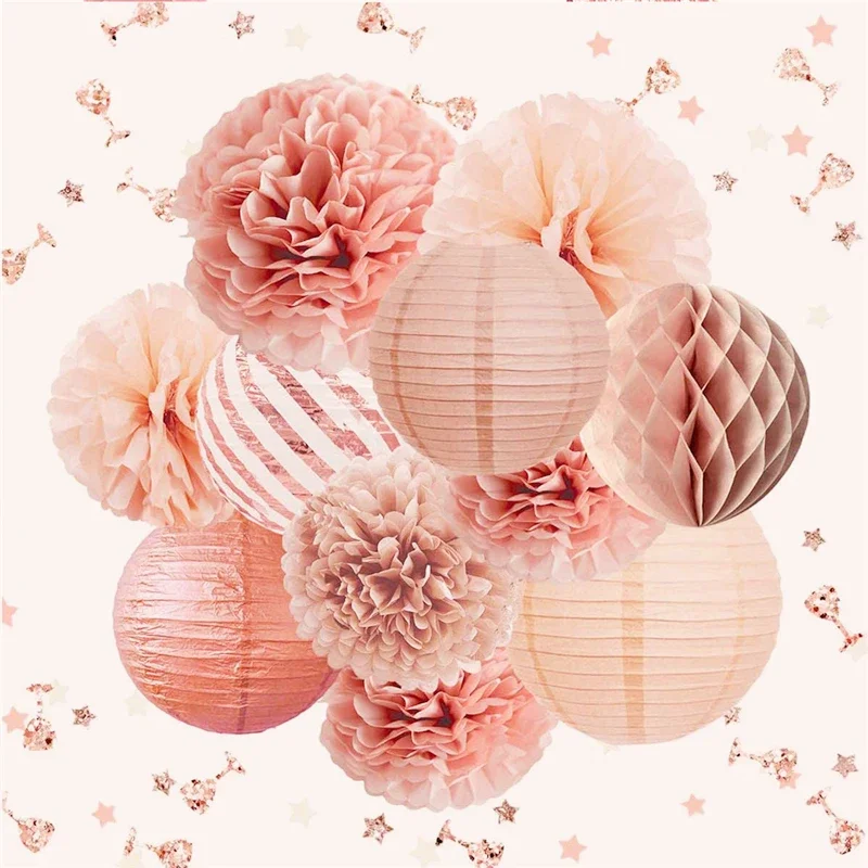 11pcs Rose Gold Stamping Round Honeycomb Ball Decor Wedding Birthday DIY Party Decoration Bridal Shower Bachelor Party Favors