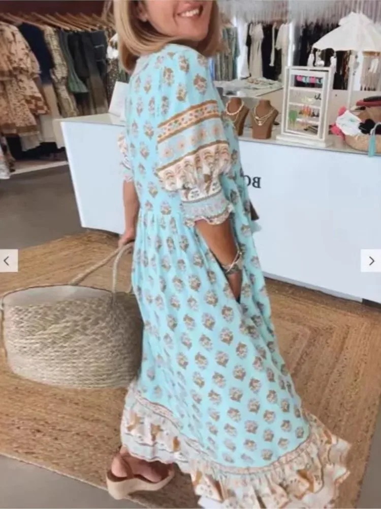 Fashion Boho Print Maxi Dress For Women Spring Summer V Neck Lantern Sleeve Long Dress Elegant Holiday Beach Dresses Robe Femme