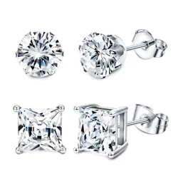 2 Pairs Hypoallergenic Stainless Steel Square Round Cubic Zirconia Stud Earrings for Men Women Ear Piercing Jewelry Size 4-8mm