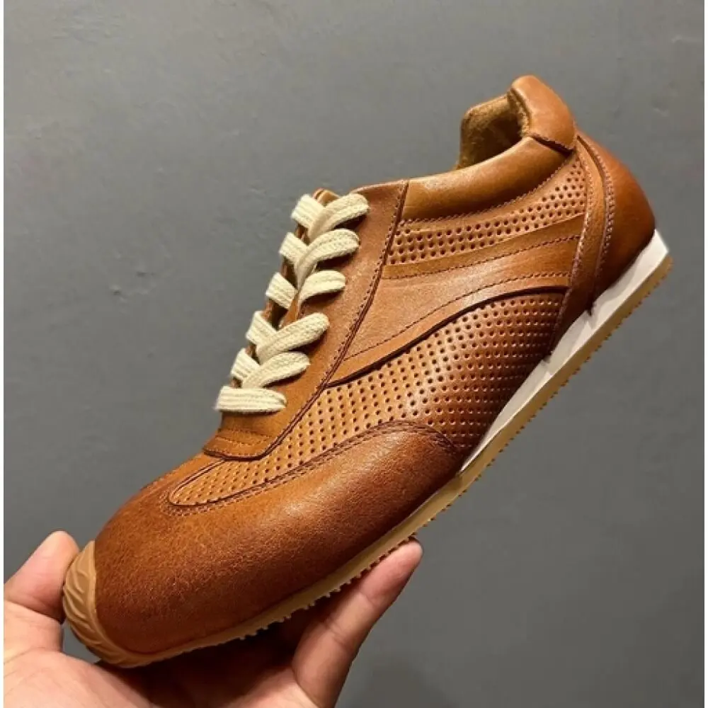 

Vintage Caramel Perforated Leather Casual Shoes, with hand-stitched details and gum sole