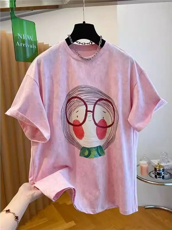 

Loose Fit Girls Pink T-Shirt Short Sleeve Printed Cotton Casual Summer Fashion Outlet Store Korean Style Large Size Tee