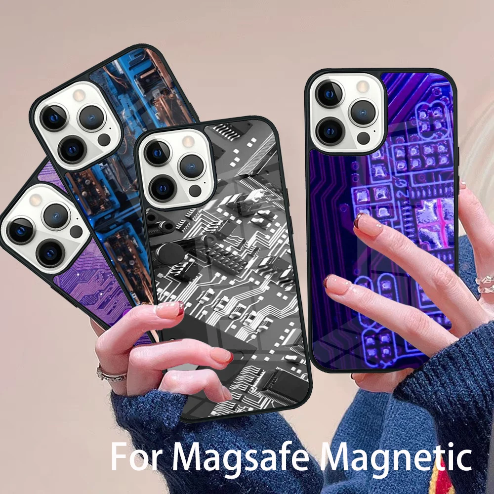 

inside Motherboard Circuit Board Phone Case Magesafe Magnetic Wireless Charge Cover For IPhone 16 11 12 13 14 15 Pro Max Plus