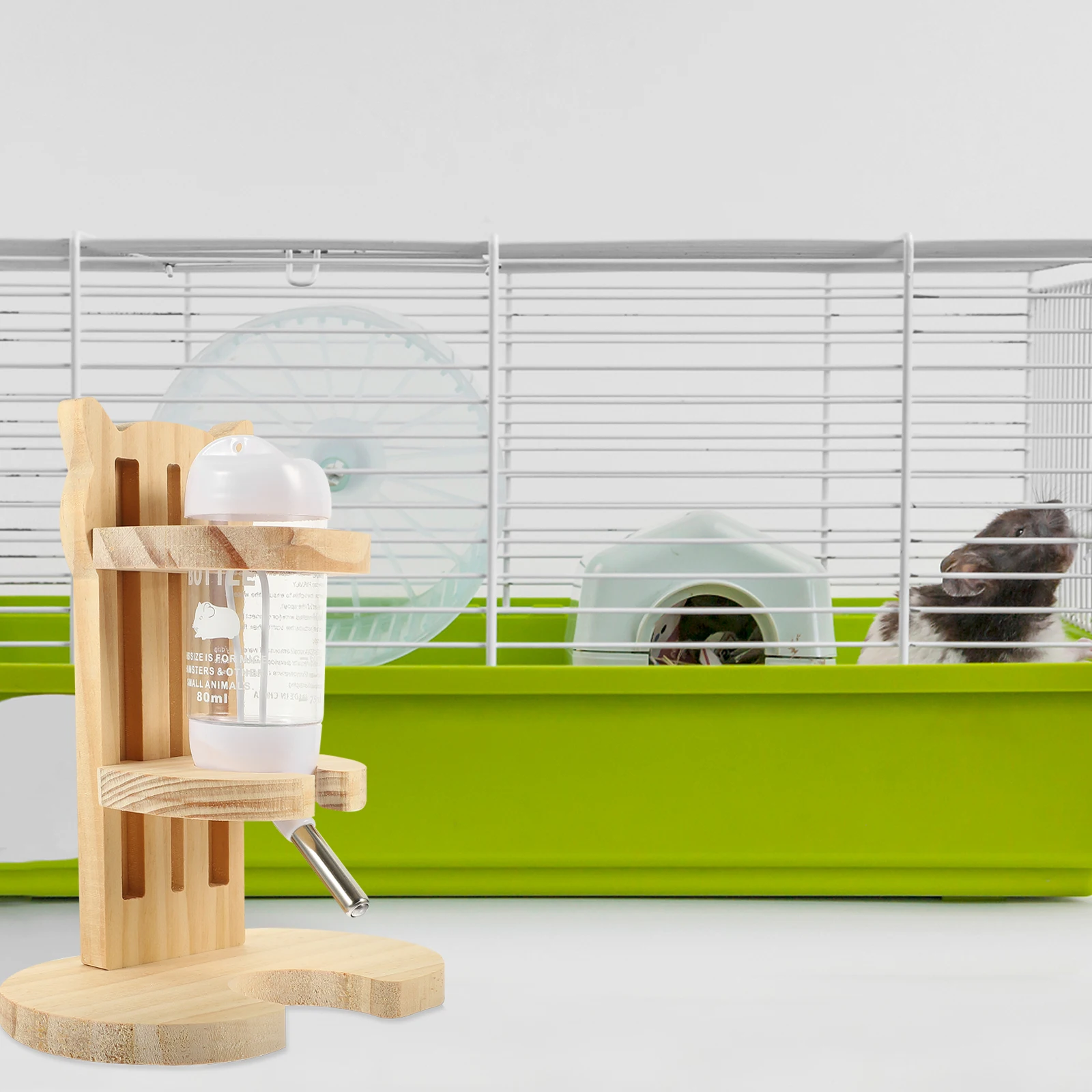 

1 set Hamster Water Bottle Small Animal Dispenser Durable Wood Stand Transparent Design Leakage Proof Pet Cage Accessories