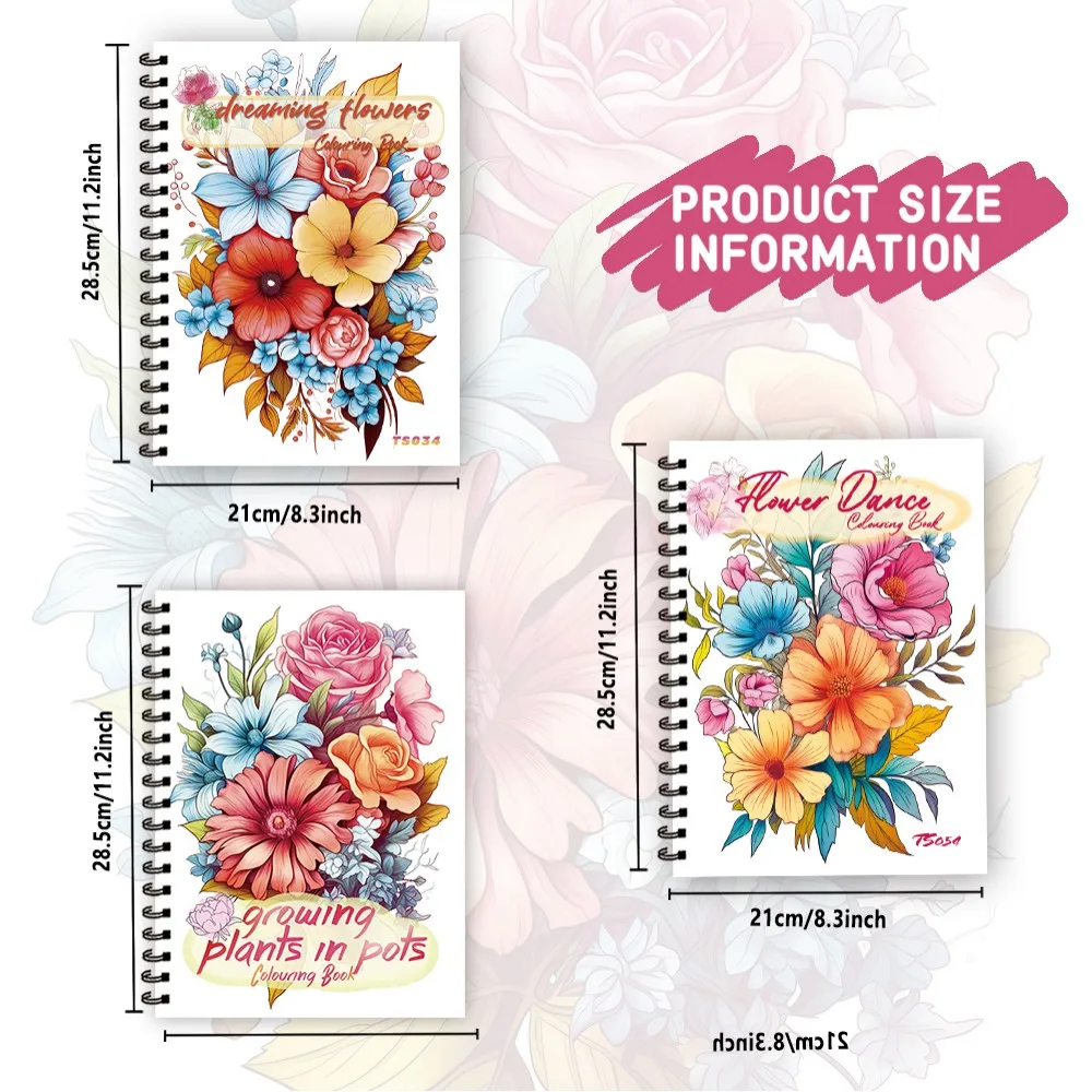 3 pcs, colorful flower adult coloring books, 11.2 x 8.3 inches, 30 pages per book - 100 gsm paper, birthday or holiday gift