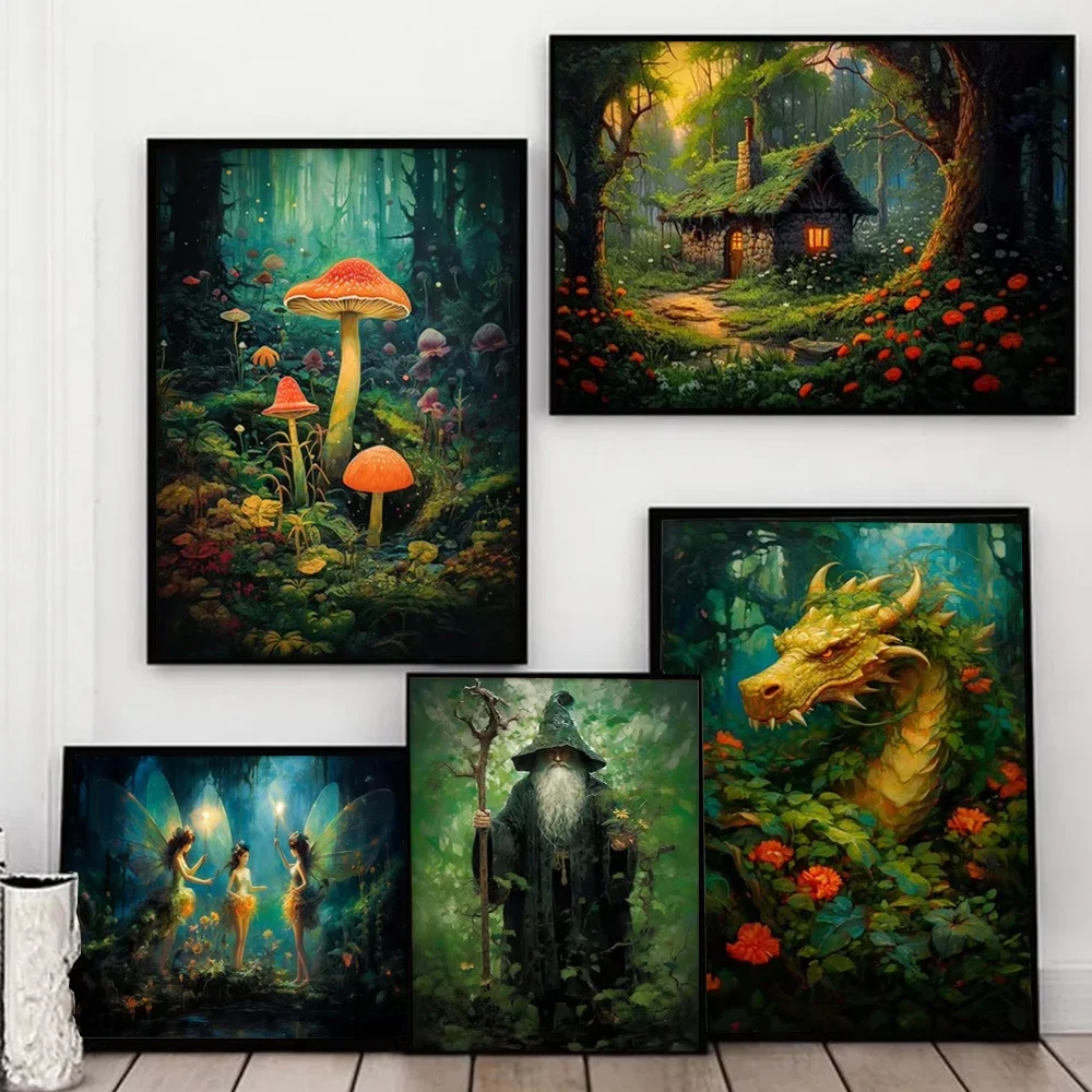 Fantasy Gothic Wizard Owl Dragon Canvas Painting Wall Art Magic World Forest Landscape Flower Fairy Elf Poster Print Home Dec
