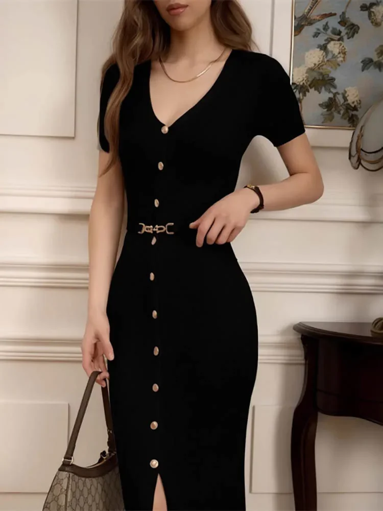 Vestido largo de punto con cuello en V y una botonadura para mujer, vestido largo ajustado con cinturón de manga corta, elegante, de cintura alta, ropa de calle