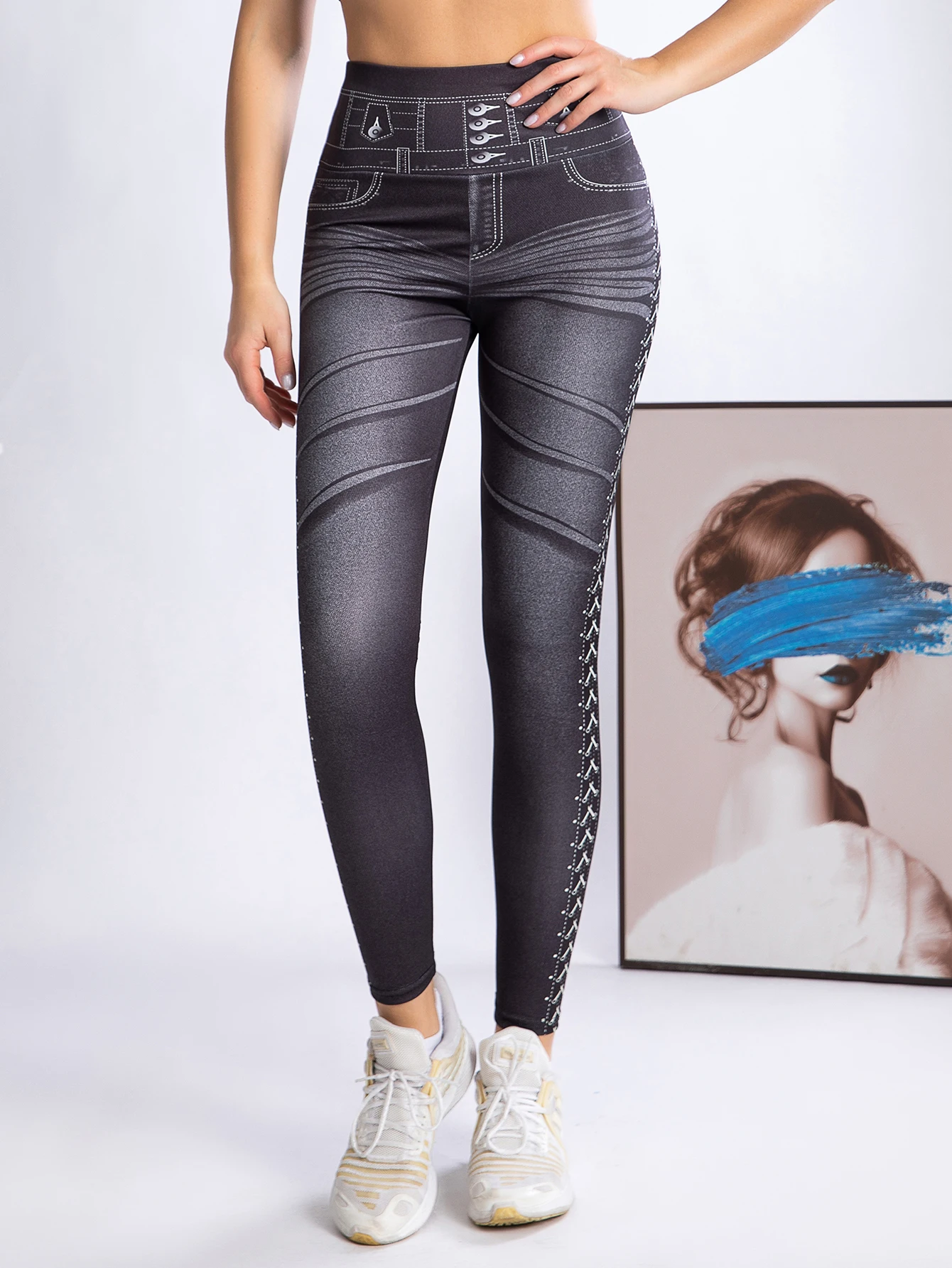 New High-waisted Skinny Imitation Denim Printed Leggings European And American Stretch Hip Lift Fake Pocket Nine-quarter Pants