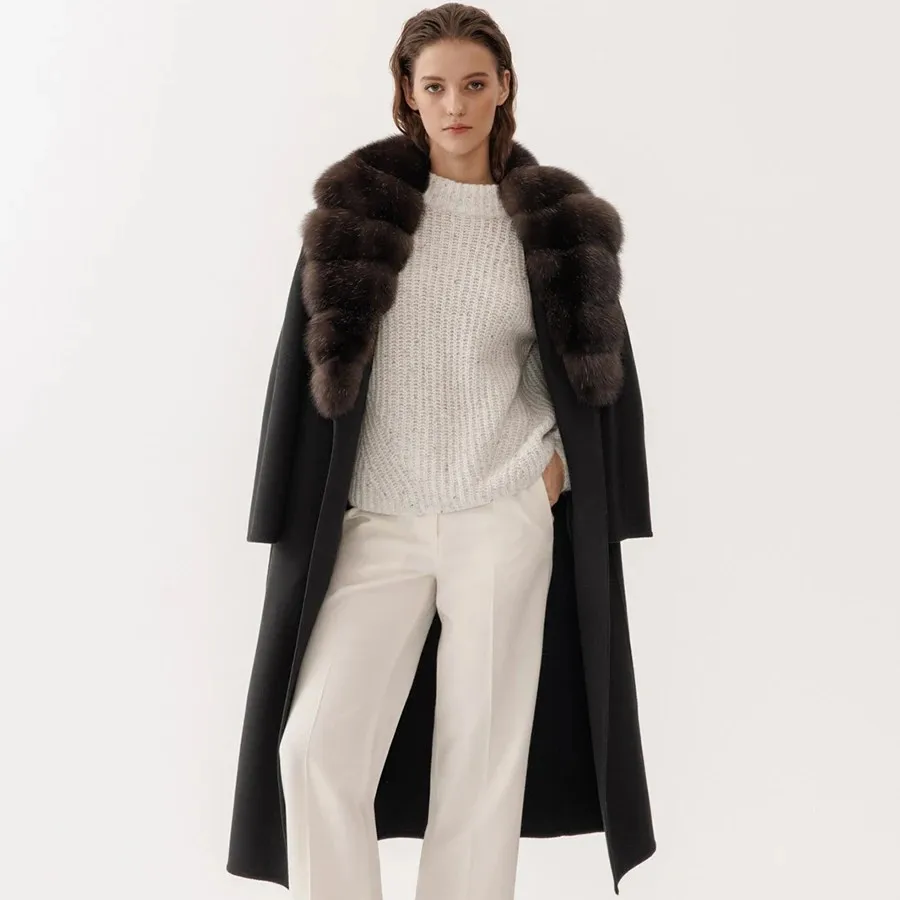 Cashmere Coat Women Wool Coat With Real Fox Fur Collar Luxury Warm Winter Wool Blends Long Jackets 2024 Fashion New Arrivals