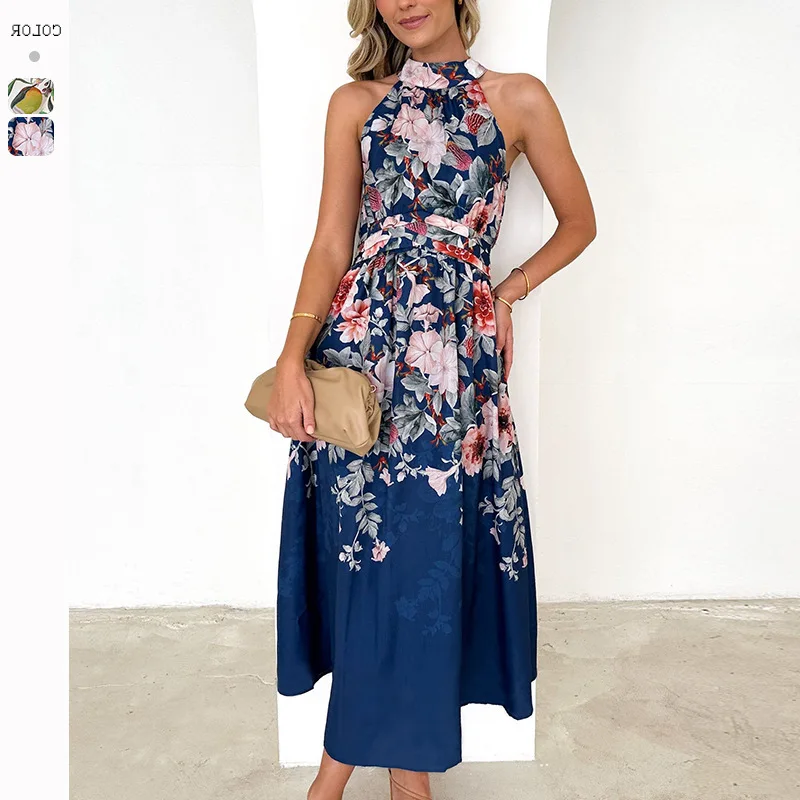 Spring/Summer Women's New Fashion Hanging Neck Print Waist Slimming Dress for Women2024