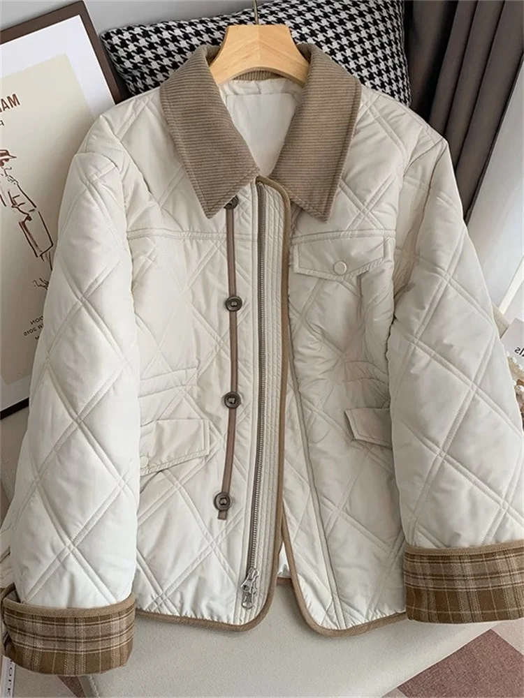 

Зимняя утепленная хлопковая куртка больших размеров для женщин, повседневная, с пэчворком и ромбовидным цветовым блоком, теплая верхняя одежда в корейском стиле, свободный крой