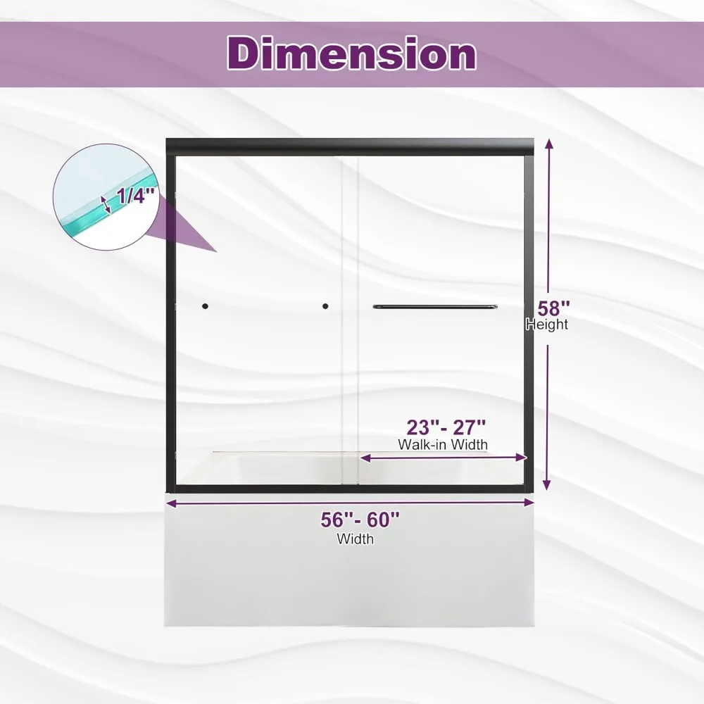 أبواب دش منزلقة مزدوجة بعرض 56-60 بوصة × ارتفاع 58 بوصة مع زجاج مقسى 6 مم وإطار من الفولاذ المقاوم للصدأ #3