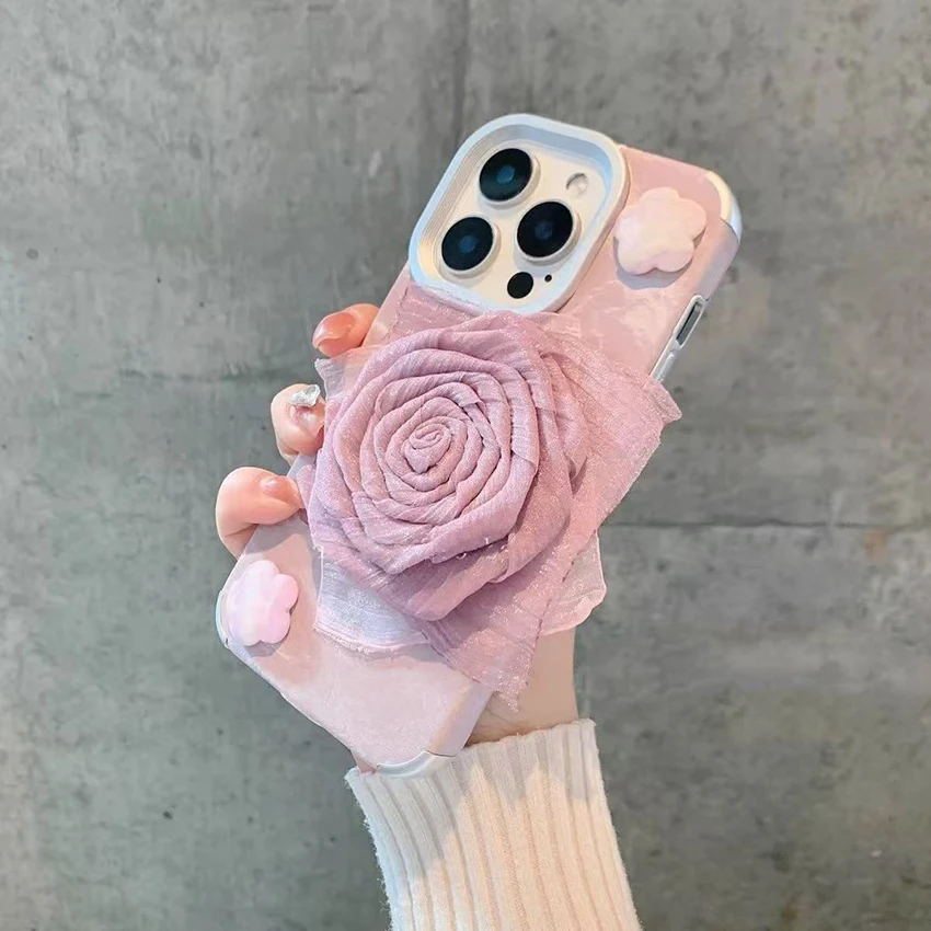 패브릭 로즈 폰 케이스 아이폰 16 15 14 13 프로 12 11 맥스 16프로맥스 스테레오 장식 폰 케이스 우아한 15프로 커버 하드 쉘