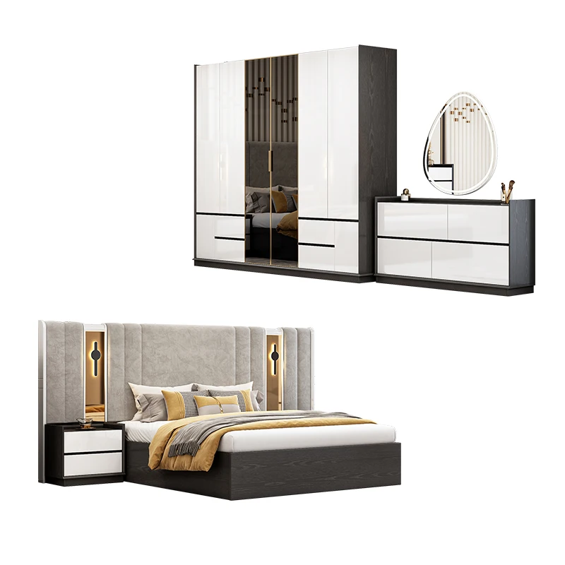 &Wholesale High Quality Complete Bedroom Sets Luxury king Size Bed Lighted Headboard Wooden Full Modern Bedroom Furniture Set