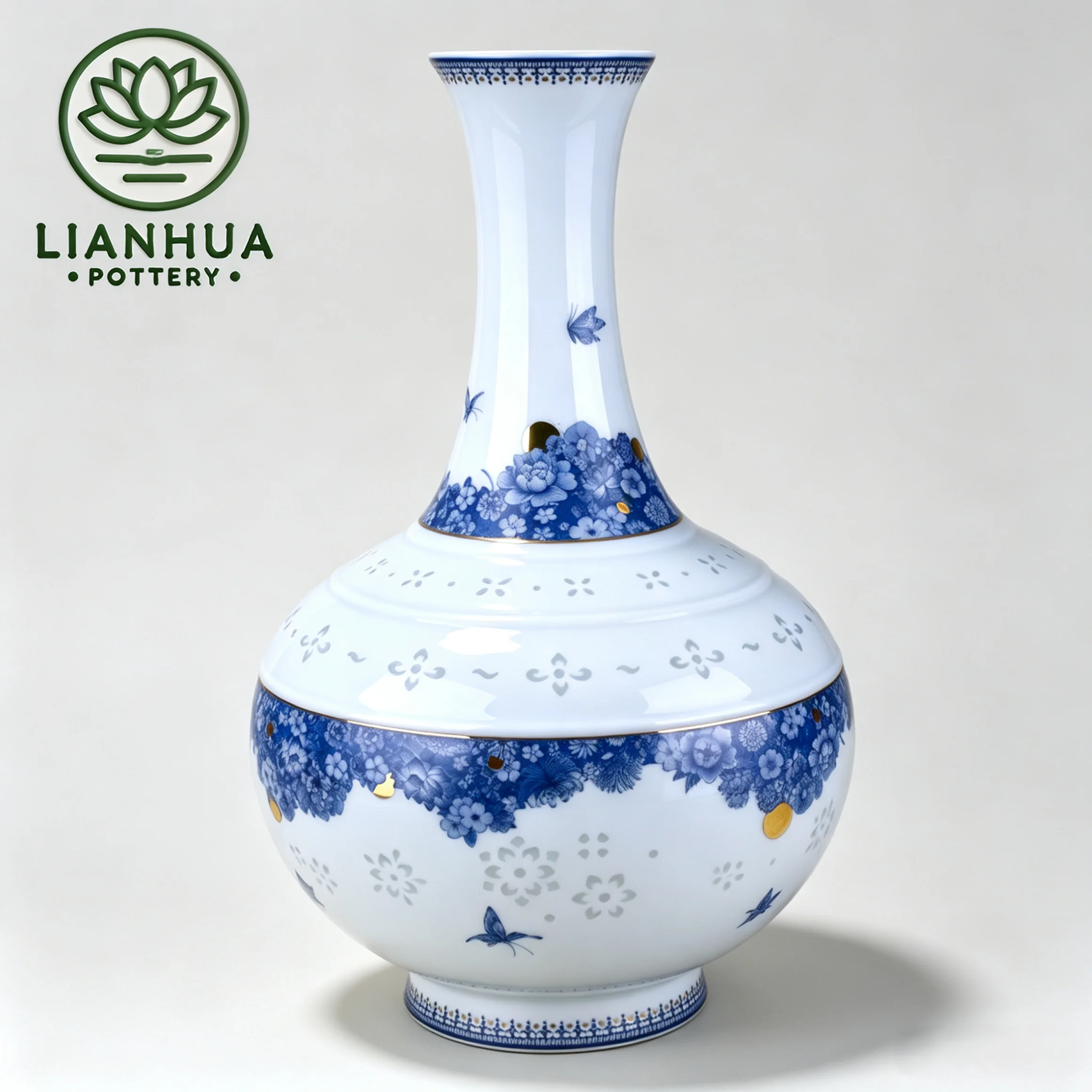 LIANHUA POTTERY Jingdezhen Linglong Porcelain Vase 10.5 Inch Gold Accented Handmand Floral Design Home Decor Housewarming Gift