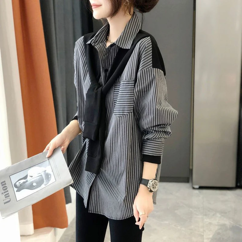 Stripe Women Shirts Korean Lace Up Loose Patchwork Female Casual Blouse Autumn New Office Turn Down Collar Chic Ladies Long Tops