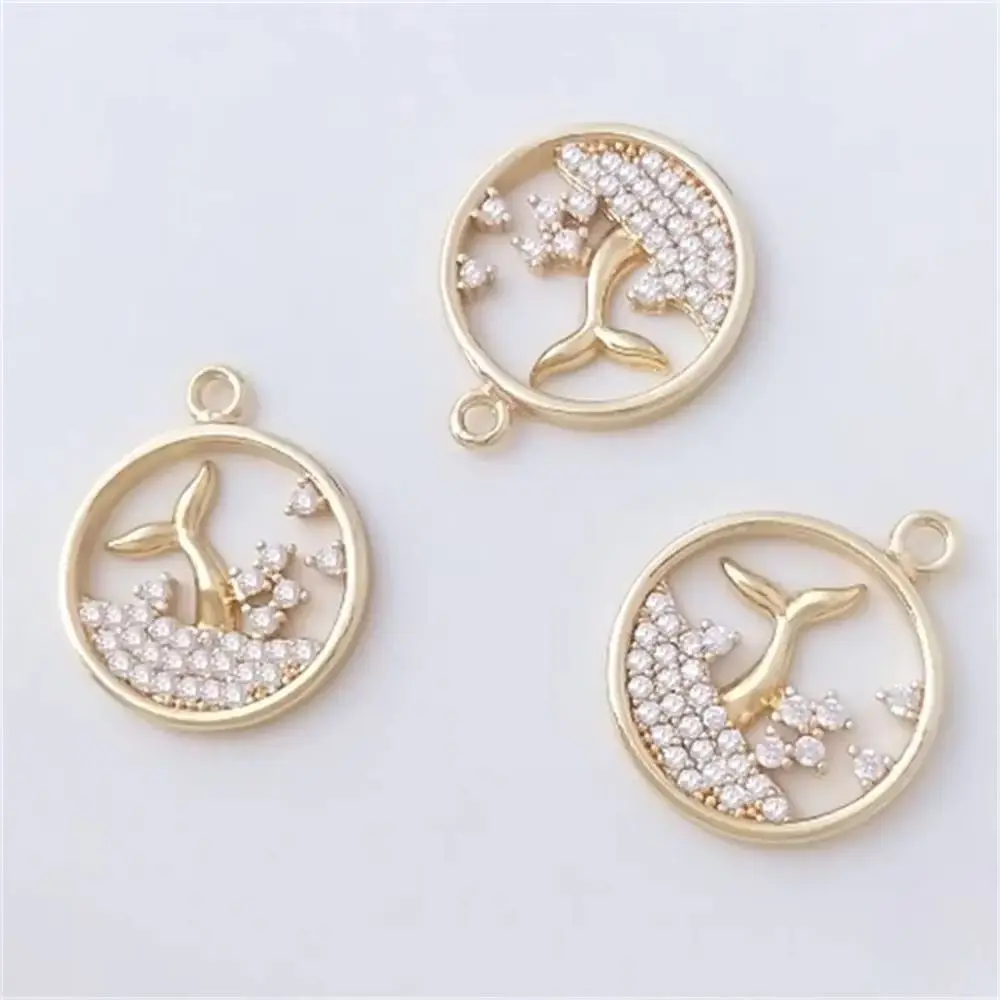 

14K Gold Package with Micro Inlaid Zircon Wave Fish Tail Pendant, Round Tag Pendant, DIY Necklace, Bracelet Charms Accessories
