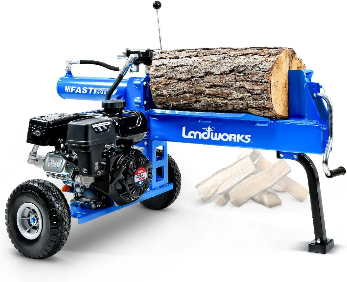 Log Splitter Portable 20 Ton Rapid Auto Return Ram System Bucher Gear Pump 7HP Engine Horizontal Full Beam Steel Wedge Firewood