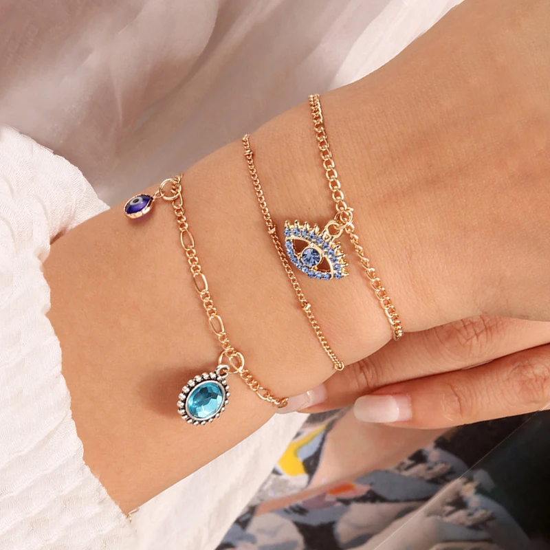 Aihua Bohemian Kristall türkisch glücklich blau Auge Armband Armreif für Frauen Gold Farbe Kette Armband Set Vintage Boho Schmuck Geschenke – Detail 6