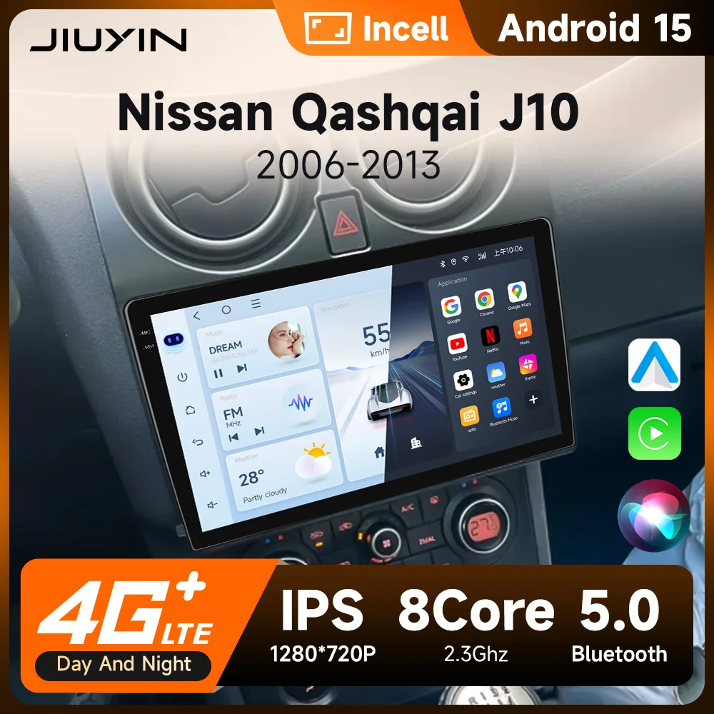 

2din Car Multimedia GPS Player For Nissan Qashqai J10 2006 2007 2008-2013 Android 15 Wireless CarPlay Android Auto 4G AI Voice