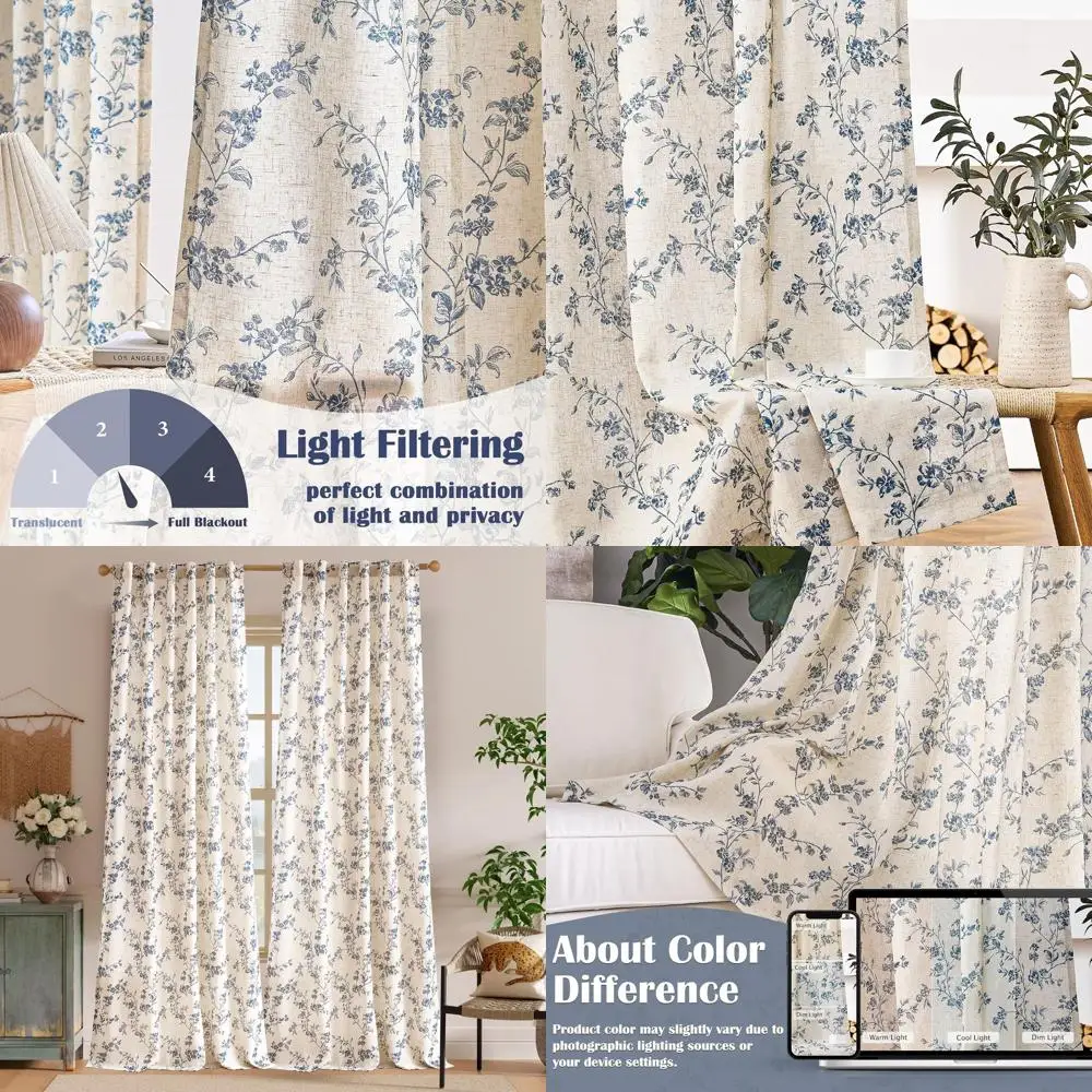 Tende in lino floreale blu per soggiorno e camera da letto, lunghezza 90, filtraggio della luce, set da 2 pannelli con tasca per asta e linguette posteriori