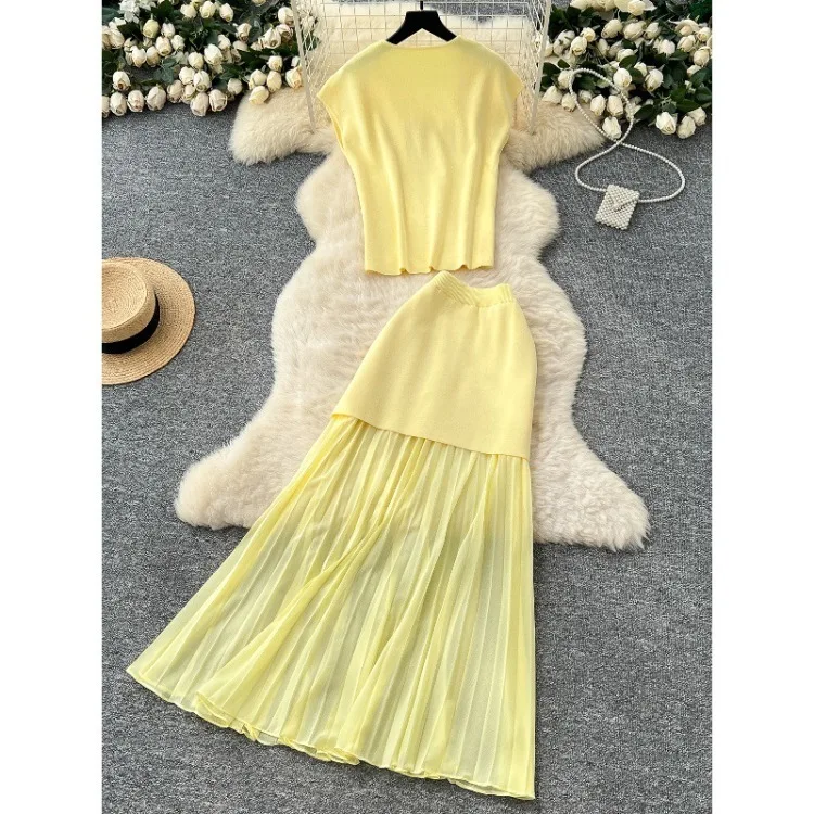 Casual Loose Skinny Solid Knitted Vest+Elastic Waist Maxi Splicing Mesh Skirt 2-piece Set Autumn Women's Suit Woman clothing
