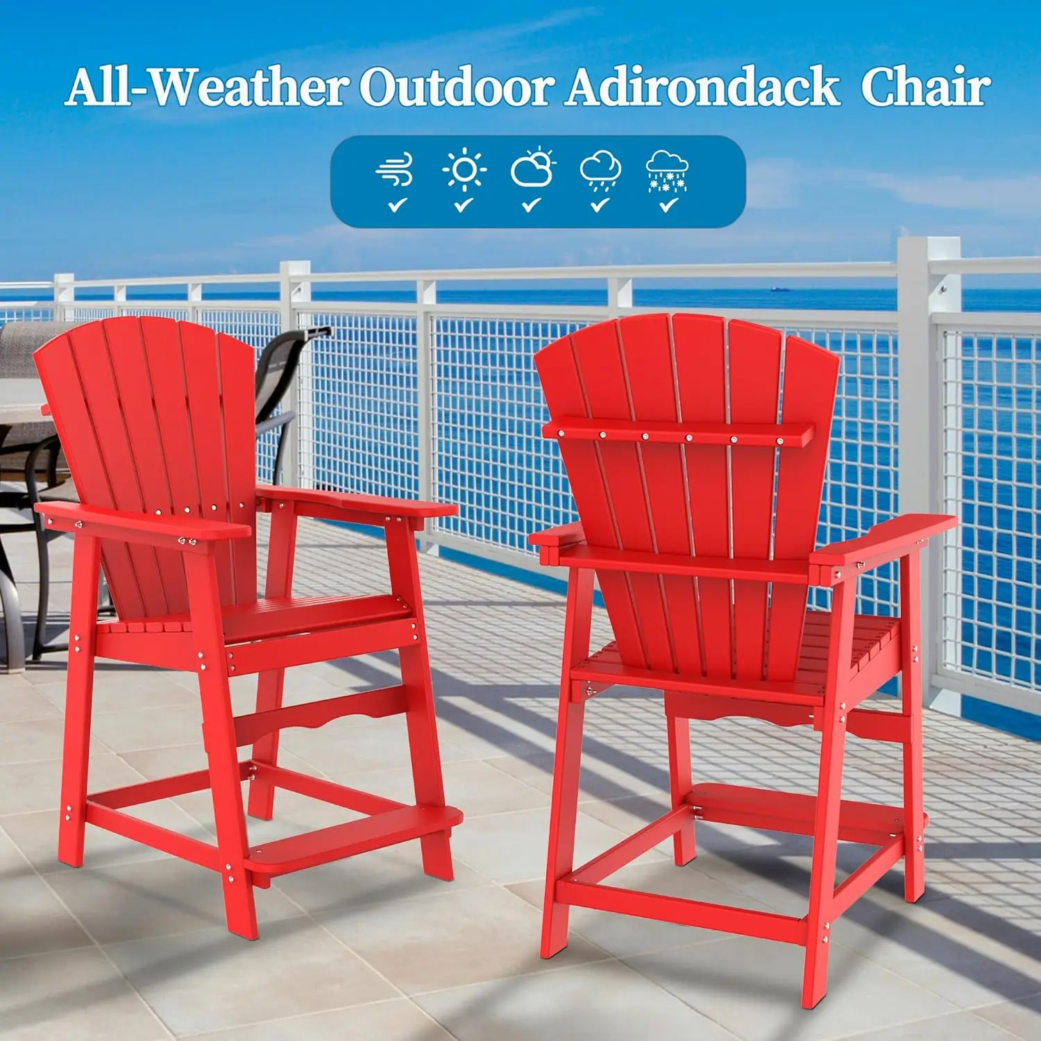 Tall Adirondack Chair, Hdpe Adirondack Chair With Footrest,Patio Bar Stools (Red, 1Pcs)