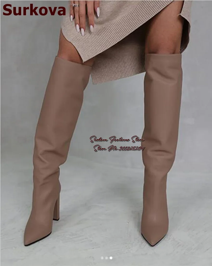 Surkova Nude White Matte Leather Chunky Heel Knee Boots Simple Model Pointed Toe Block Heels Tall Boots Fall Winter Dress Shos