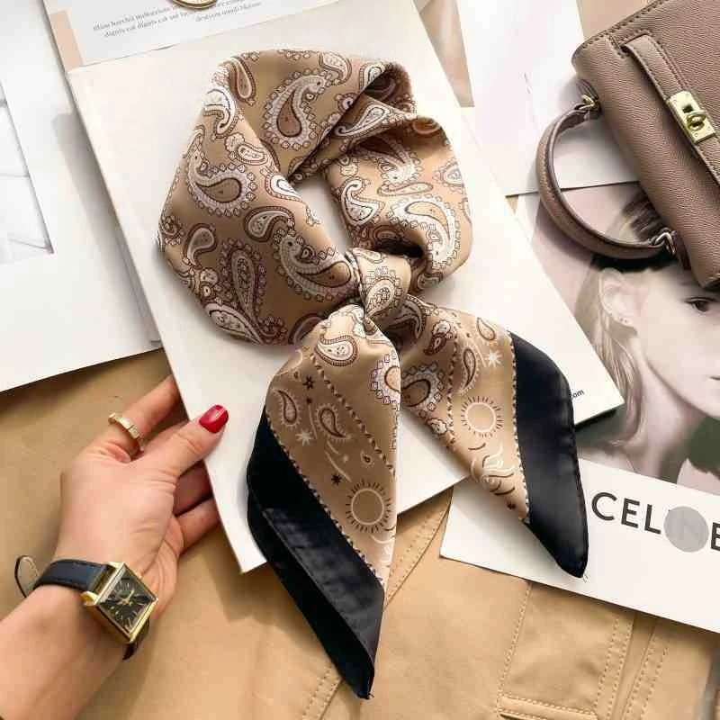 70cm Paisley Cashew Print Square Silk Scarf Women Houndstooth Coffee Color Thin  Neck Scarf Vintage Style Sunscreen Headscarf