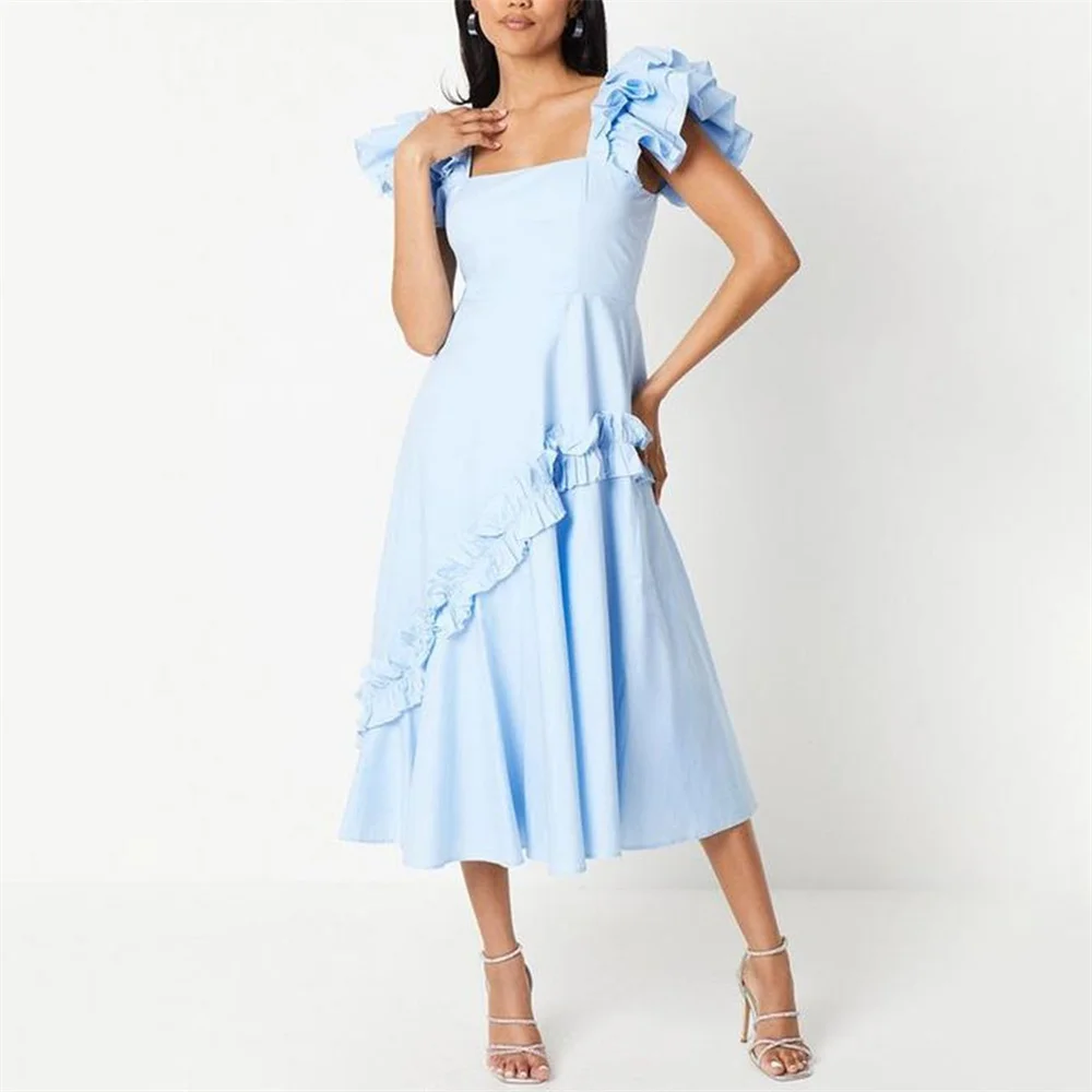 Satin Sky Blue Graduation Dress Ruffles Sleeve  A Line Wedding Guest Party For Woman Boat Youth and vitality Homecoming Dress