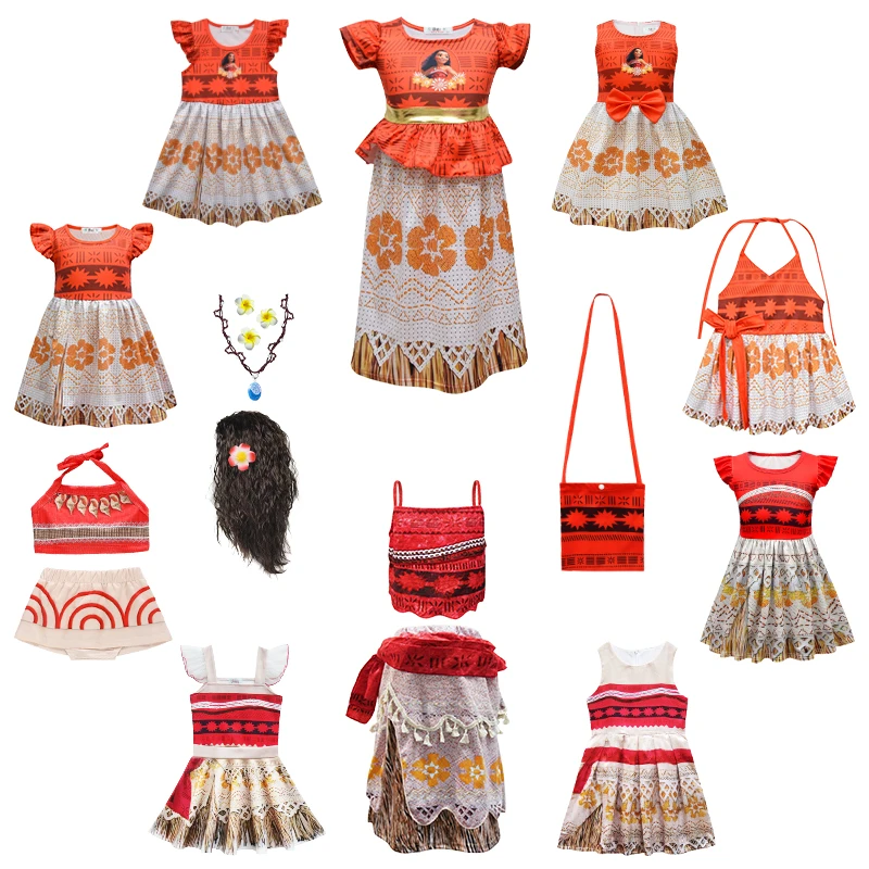 2023 Summer Moana Dress for Girls Moana Vaiana Princess Dresses Kids Party Cosplay Costumes with Wig Children Clothing Clothes