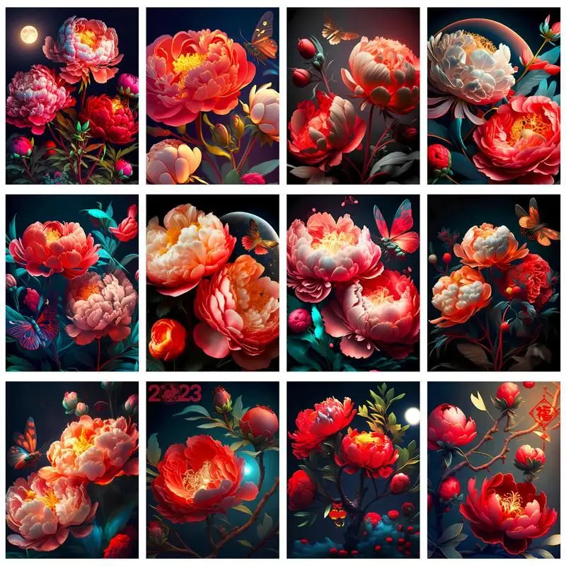 

GATYZTORY Oil Painting By Number Red Peony Drawing On Canvas Pictures By Numbers Flower Kits 50x40cm Hand Painted Paintings