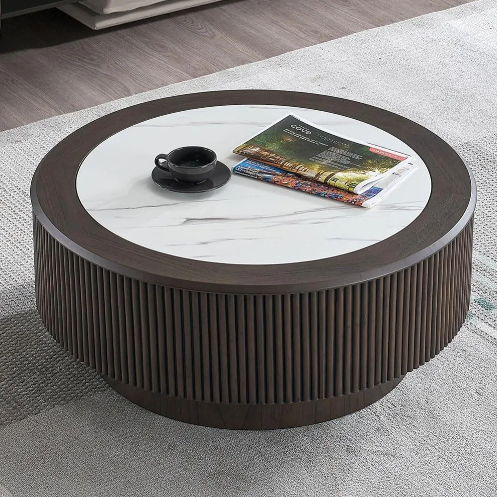 

31.5'' Round Marble Coffee Table for Living Room Mid Century Modern Fluted Coffee Table Circle Center Tables with Pedestal for A