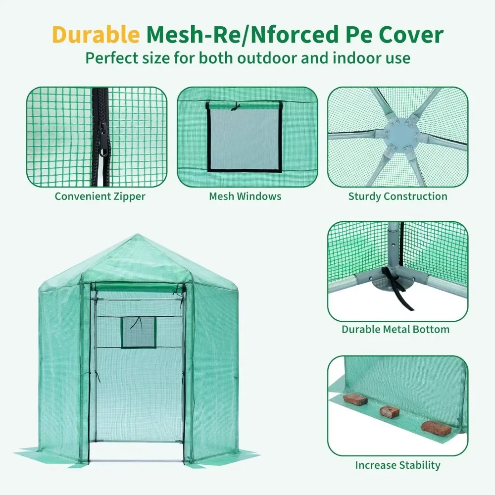 Outdoor Greenhouse, Hexagonal Portable Greenhouse with 180g PE Hood and Zipper with Outdoor Mesh Window, 7x7.3 Ft