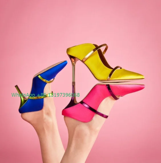 Lady stain color bright Muller high  heels sexy pointed toe slingback high heels party causal pumps gold design high heels size