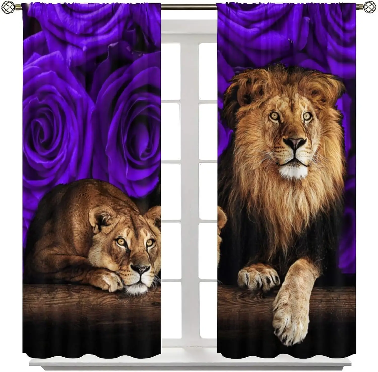 African Lion Animal Curtains, Purple Elegant Rose Grassland Wild Lion Wildlife Window Treatments Drapes for Boys Girls Bedroom