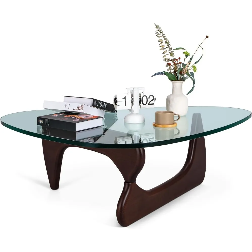 Triangle Glass Coffee Table, Table Vintage Glass End Table, Solid Wood Base Top Modern End Table for Living Room, Dark Walnut