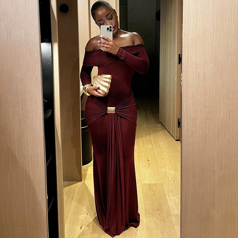 Burgundy Slim Maxi Dress for Women Sexy Off The Shoulder Evening Party Dresses Autumn Winter Fashion Christmas Outfits 2024