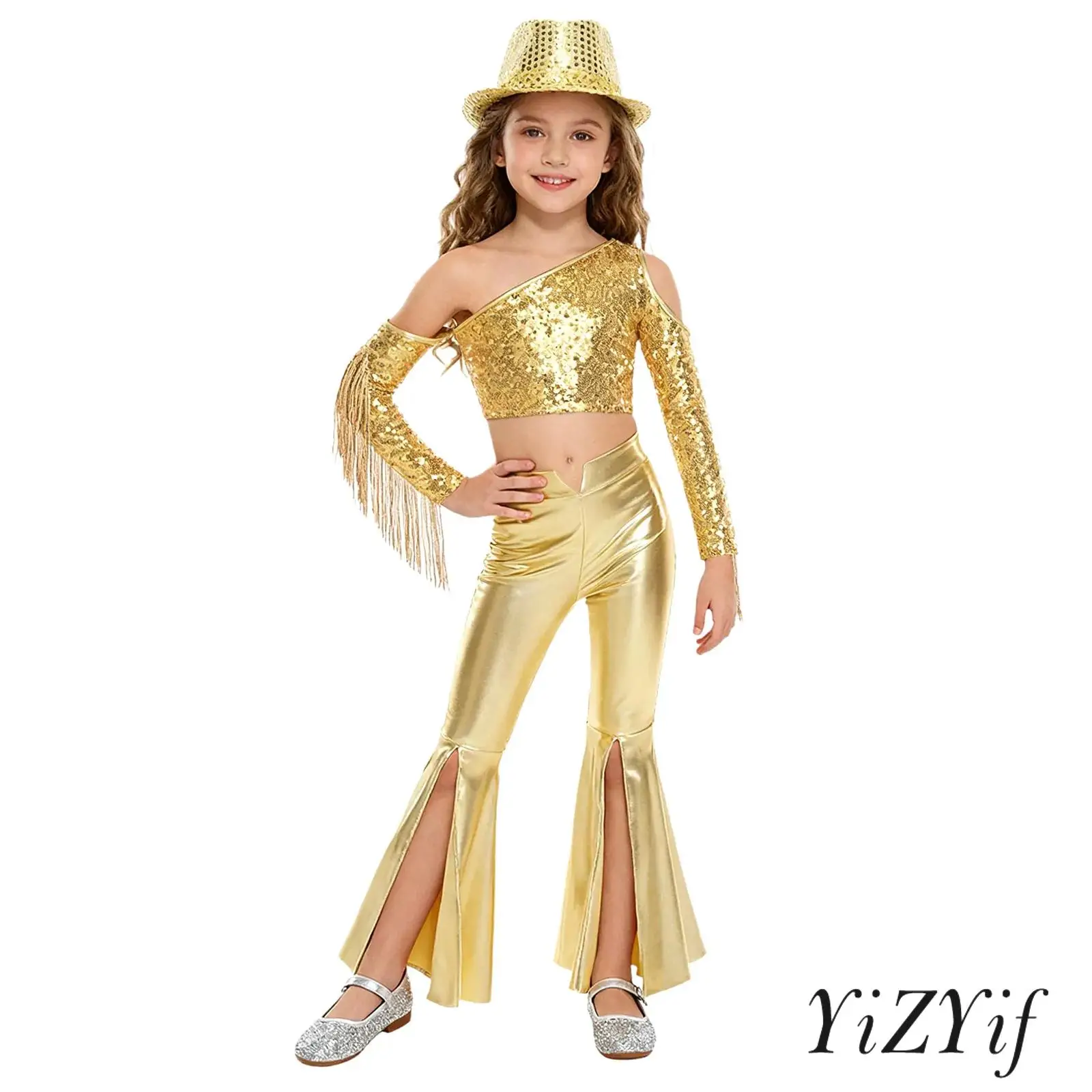

Kids Girls Pageant Stage Outfit One Shoulder Sequined Crop Top+Bell-Bottom Pants+Fedora Hat Disco Cowgirl Jazz Dance Costume